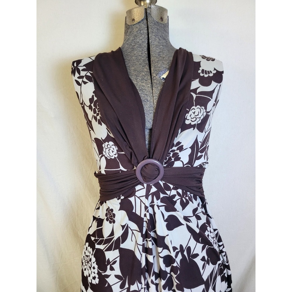 Vintage 90s Y2K Brown White Floral Dress La Belle Stretch Tropical S V Neck - Picture 2 of 12